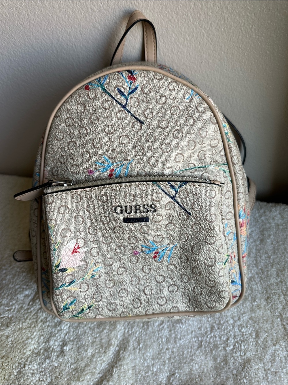 GUESS Beige Floral Logo Mini Backpack